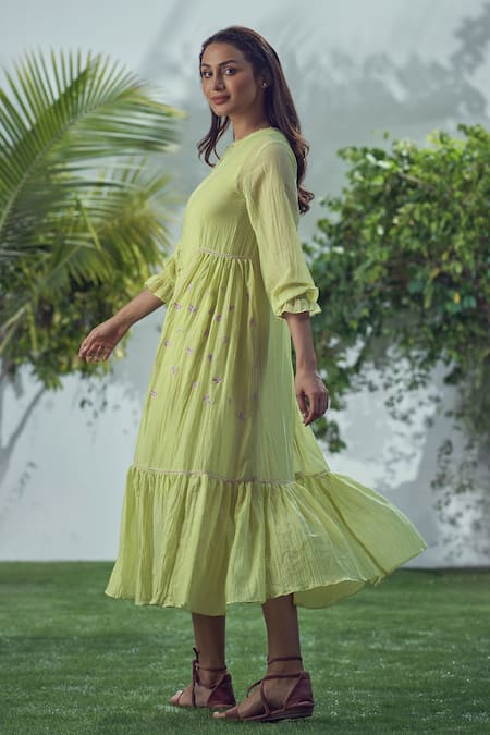 Buy_Affroz_Green Cotton Embroidery Keyhole Neck Side Gathered Midi Dress _Online_at_Aza_Fashions