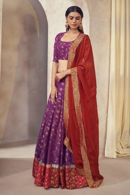 Affroz_Purple Denim, Organza Gota Patti, Embroidery Square Floral Woven Lehenga Set _Online_at_Aza_Fashions