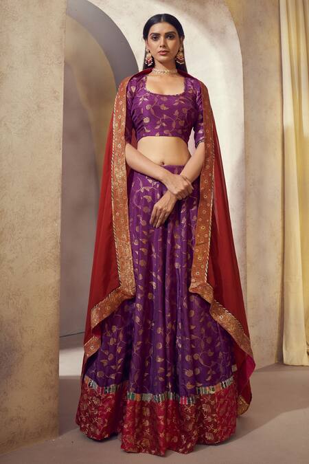 Buy_Affroz_Purple Denim, Organza Gota Patti, Embroidery Square Floral Woven Lehenga Set _Online_at_Aza_Fashions