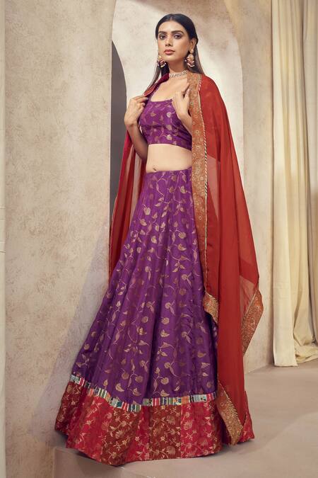 Shop_Affroz_Purple Denim, Organza Gota Patti, Embroidery Square Floral Woven Lehenga Set _Online_at_Aza_Fashions