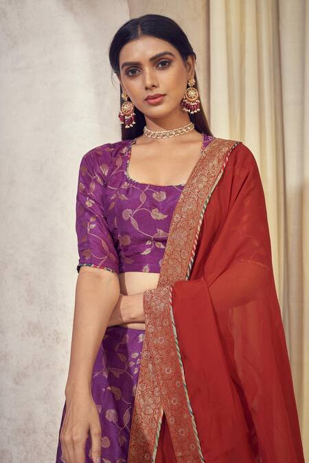 Affroz_Purple Denim, Organza Gota Patti, Embroidery Square Floral Woven Lehenga Set _at_Aza_Fashions