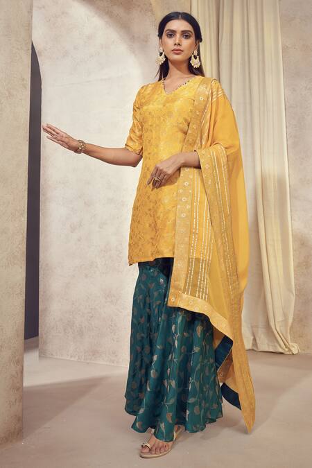 Affroz Green Denim, Organza Gota Patti, Embroidery V-neck Floral Woven Sharara Set Online at Aza Fashions Affroz_Green Denim, Organza Gota Patti, Embroidery V-neck Floral Woven Sharara Set _Online_at_Aza_Fashions
