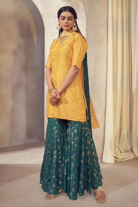 Buy Affroz Green Denim, Organza Gota Patti, Embroidery V-neck Floral Woven Sharara Set Online at Aza Fashions Buy_Affroz_Green Denim, Organza Gota Patti, Embroidery V-neck Floral Woven Sharara Set _Online_at_Aza_Fashions