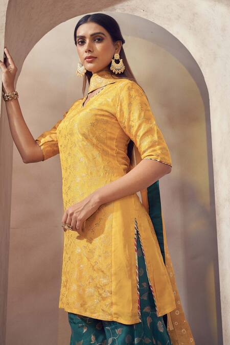 Affroz Green Denim, Organza Gota Patti, Embroidery V-neck Floral Woven Sharara Set at Aza Fashions Affroz_Green Denim, Organza Gota Patti, Embroidery V-neck Floral Woven Sharara Set _at_Aza_Fashions