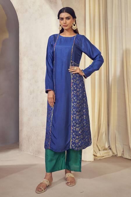 Affroz_Blue Silk, Denim Gota Patti, Embroidery Round Floral Woven Kurta Palazzo Set _Online_at_Aza_Fashions