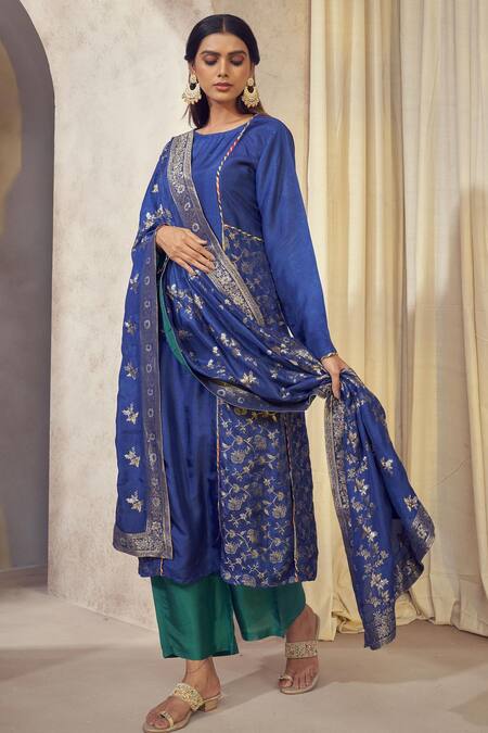 Buy_Affroz_Blue Silk, Denim Gota Patti, Embroidery Round Floral Woven Kurta Palazzo Set _Online_at_Aza_Fashions