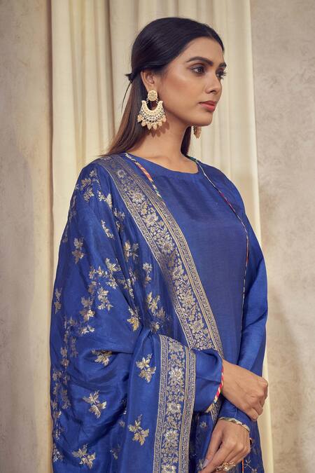 Shop_Affroz_Blue Silk, Denim Gota Patti, Embroidery Round Floral Woven Kurta Palazzo Set _Online_at_Aza_Fashions