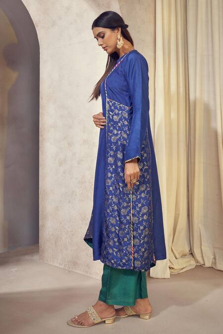 Affroz_Blue Silk, Denim Gota Patti, Embroidery Round Floral Woven Kurta Palazzo Set _at_Aza_Fashions