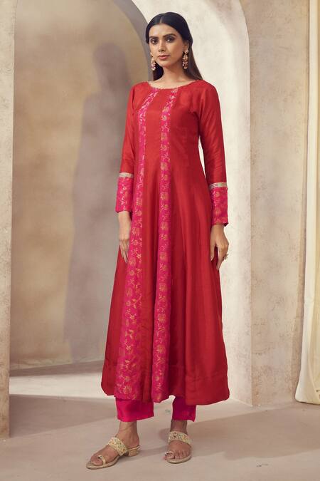 Affroz_Red Denim Gota Patti, Embroidery Round Neck Floral Woven Anarkali Pant Set _Online_at_Aza_Fashions