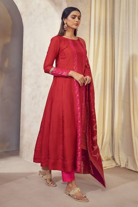 Buy_Affroz_Red Denim Gota Patti, Embroidery Round Neck Floral Woven Anarkali Pant Set _Online_at_Aza_Fashions