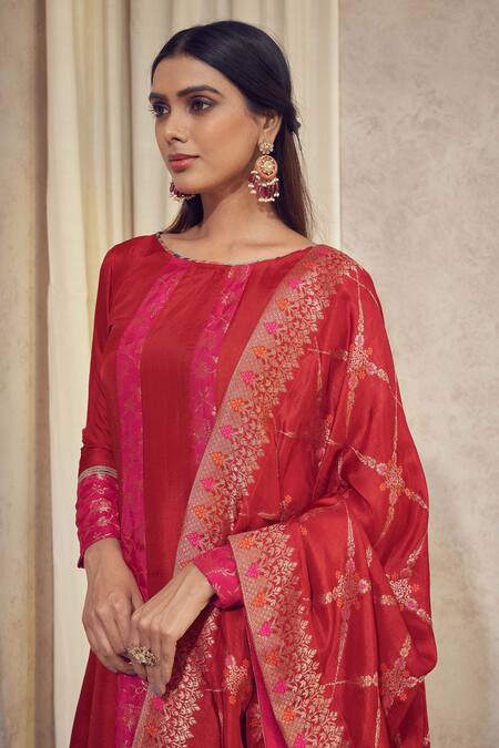 Shop_Affroz_Red Denim Gota Patti, Embroidery Round Neck Floral Woven Anarkali Pant Set _Online_at_Aza_Fashions