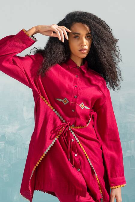 Buy_Ikai By Ragini Ahuja_Pink Cotton, Silk, Chanderi Applique, Cut Work Shawl Nile Tie-up Front Shirt_Online_at_Aza_Fashions