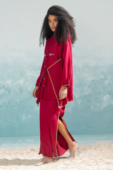 Shop_Ikai By Ragini Ahuja_Pink Cotton, Silk, Chanderi Applique, Cut Work Shawl Nile Tie-up Front Shirt_Online_at_Aza_Fashions