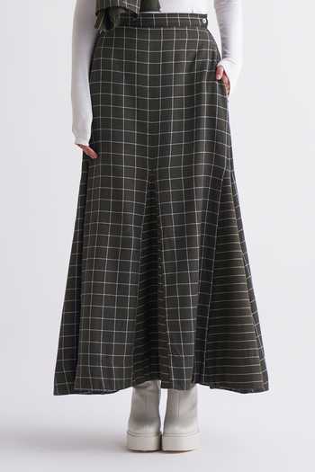 Buy Green Melange Checkered Pattern Circular Skirt For Women by 