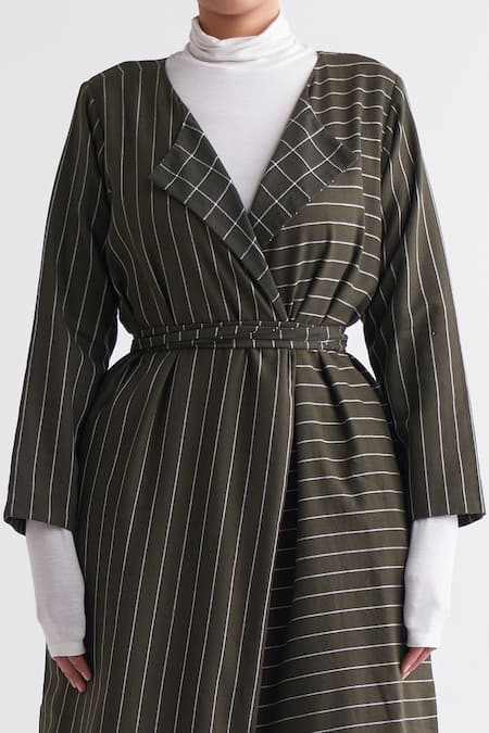 Three_Green Melange Lapel Collar Reversible Jacket And Skirt Srt_Online_at_Aza_Fashions