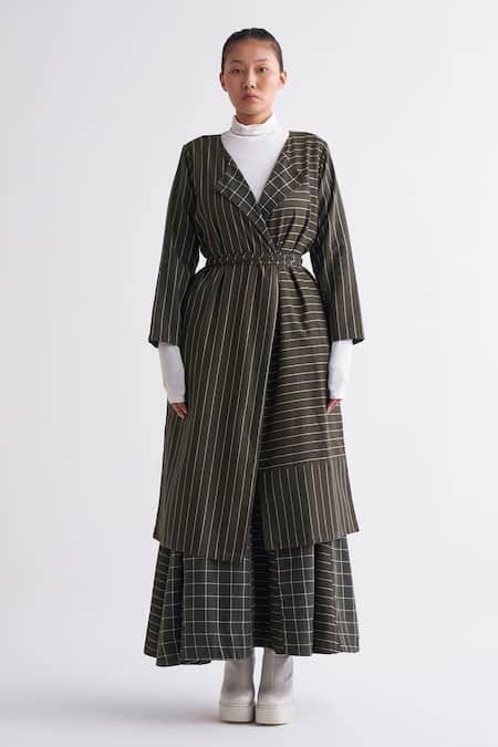 Buy_Three_Green Collared Striped Reversible Overlay _Online_at_Aza_Fashions