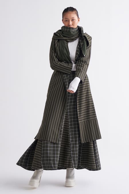 Three_Green Collared Striped Reversible Overlay _at_Aza_Fashions