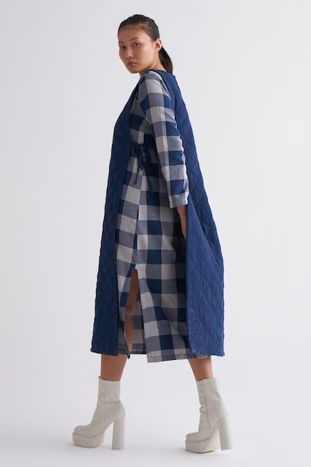 Three_Blue Melange Round Side Tie-up Quilted Apron Overlay_Online_at_Aza_Fashions