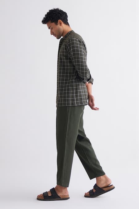 Three_Green Melange Applique Band Collar Shirt _Online_at_Aza_Fashions