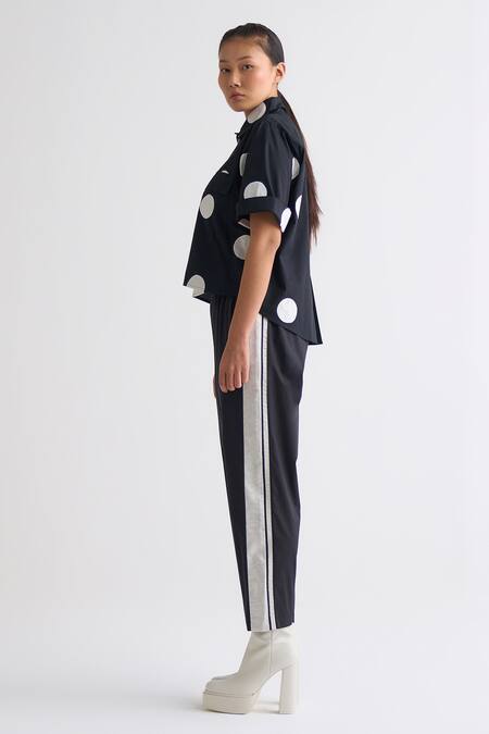 Three_Black Cotton Poplin Spread Collar Cropped Shirt And Pant Set_Online_at_Aza_Fashions