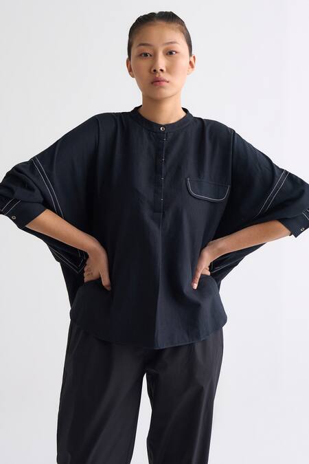 Three_Black Handloom Cotton Stripe Band Collar Bat Sleeve Top_Online_at_Aza_Fashions