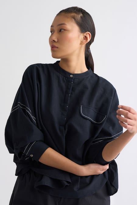 Buy_Three_Black Handloom Cotton Stripe Band Collar Bat Sleeve Top_Online_at_Aza_Fashions