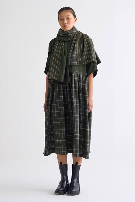 Buy_Three_Green Melange Round Checkered Pattern Dolman Sleeve Dress_Online_at_Aza_Fashions