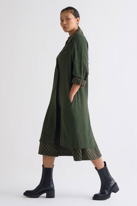 Buy_Three_Green Melange Striped Dress  Band Collar Jacket And A-line _Online_at_Aza_Fashions