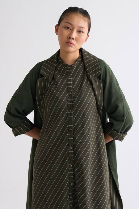 Three Green Collared Striped And Checkered Trench Jacket Online at Aza Fashions Three_Green Collared Striped And Checkered Trench Jacket _Online_at_Aza_Fashions