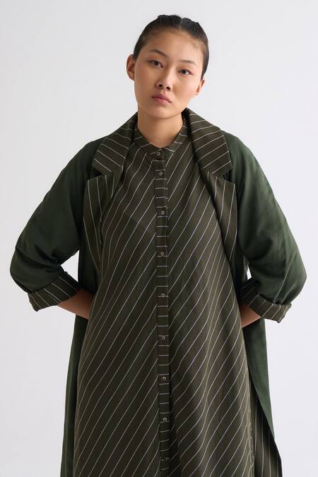 Shop_Three_Green Melange Striped Dress  Band Collar Jacket And A-line _Online_at_Aza_Fashions