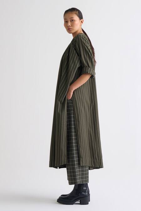 Three_Green Melange Round Collar Gathered Shirt Tunic And Checkered Broad Pants_Online_at_Aza_Fashions