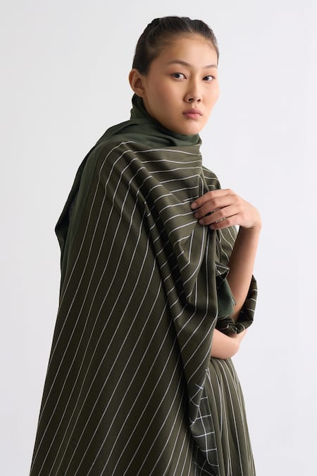 Buy_Three_Green Melange Round Collar Gathered Shirt Tunic And Checkered Broad Pants_Online_at_Aza_Fashions