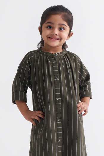 Three_Green Cotton Embroidery Gathered Neck Dress _Online_at_Aza_Fashions