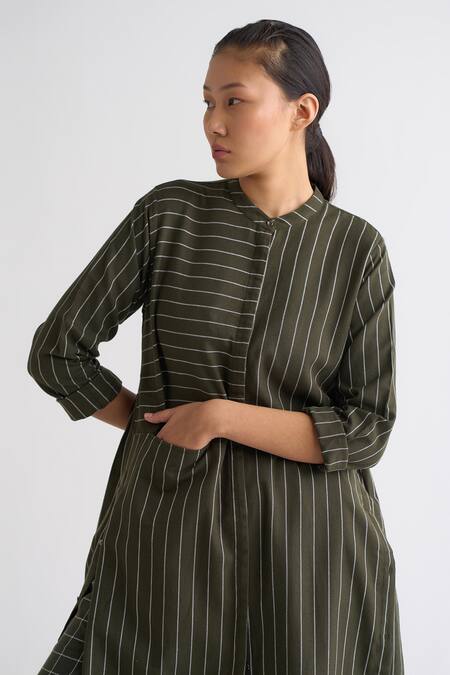 Three Green Melange Band Collar Stripe Pattern Jacket Checkered Broad Pants Online at Aza Fashions Three_Green Melange Band Collar Stripe Pattern Jacket Checkered Broad Pants _Online_at_Aza_Fashions