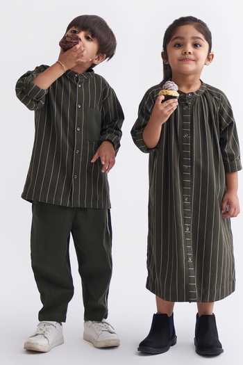 Buy_Three_Green Cotton Embroidery Gathered Neck Dress _Online_at_Aza_Fashions