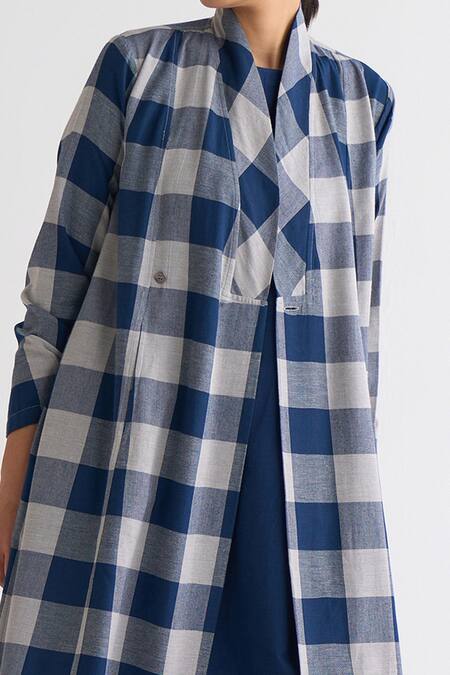 Shop_Three_Blue Melange Checkered Lapel Pattern Overlay_Online_at_Aza_Fashions