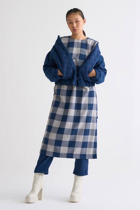 Three_Blue Melange Band Collar Checkered Quilted Bomber Jacket_Online_at_Aza_Fashions