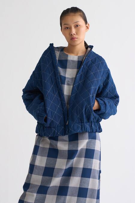 Buy_Three_Blue Melange Band Collar Checkered Quilted Bomber Jacket_Online_at_Aza_Fashions