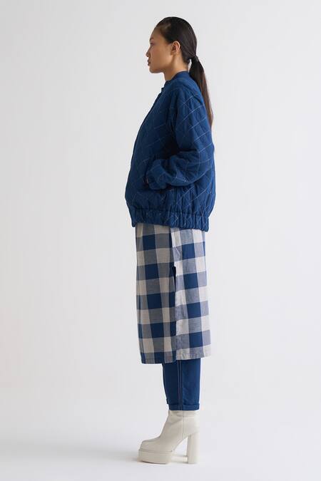 Shop_Three_Blue Melange Band Collar Checkered Quilted Bomber Jacket_Online_at_Aza_Fashions