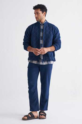 Shop_Three_Blue Melange Quilted Bomber Jacket _Online_at_Aza_Fashions