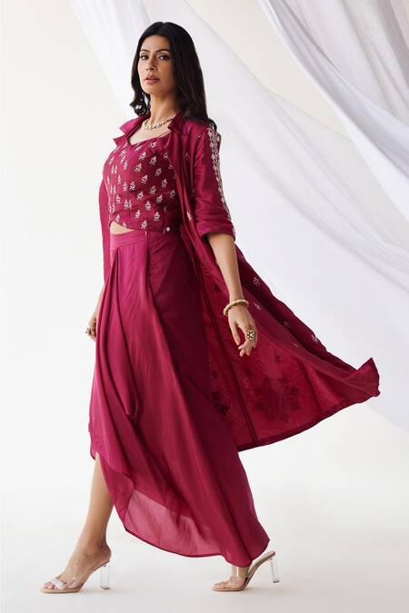 Koashee By Shubitaa_Magenta Silk Embroidered Zardozi Lapel Collar Jacket Skirt Set _Online_at_Aza_Fashions