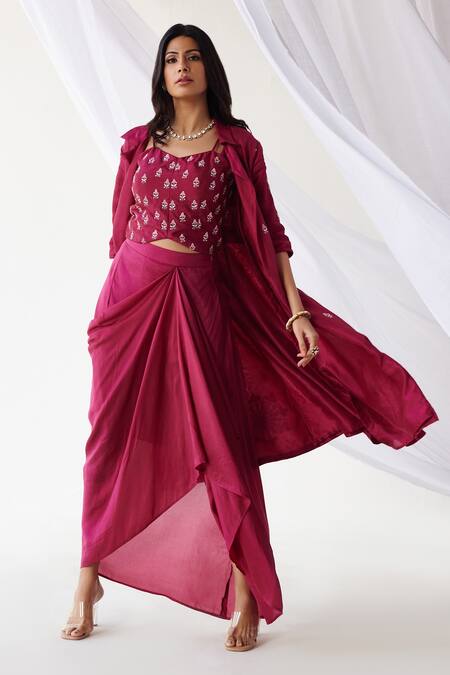 Buy_Koashee By Shubitaa_Magenta Silk Embroidered Zardozi Lapel Collar Jacket Skirt Set _Online_at_Aza_Fashions