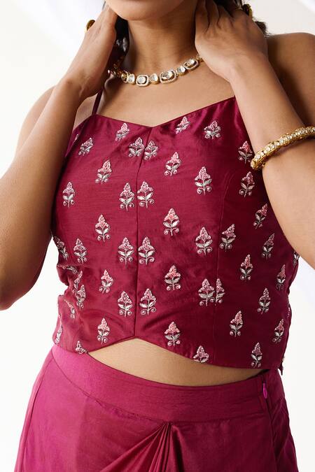 Shop_Koashee By Shubitaa_Magenta Silk Embroidered Zardozi Lapel Collar Jacket Skirt Set _Online_at_Aza_Fashions