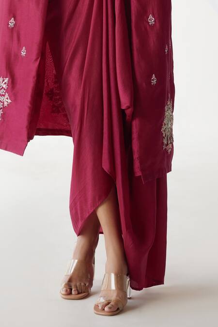 Koashee By Shubitaa_Magenta Silk Embroidered Zardozi Lapel Collar Jacket Skirt Set _at_Aza_Fashions
