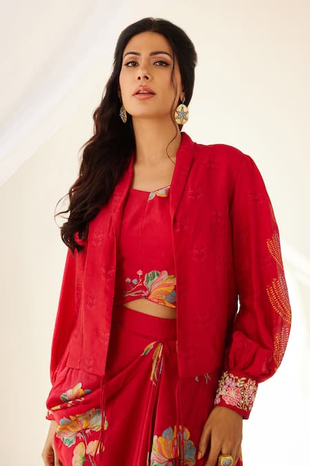 Koashee By Shubitaa_Red Silk Embroidery Shawl Neck Floral Printed Jacket Skirt Set _Online_at_Aza_Fashions
