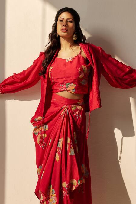 Shop_Koashee By Shubitaa_Red Silk Embroidery Shawl Neck Floral Printed Jacket Skirt Set _Online_at_Aza_Fashions