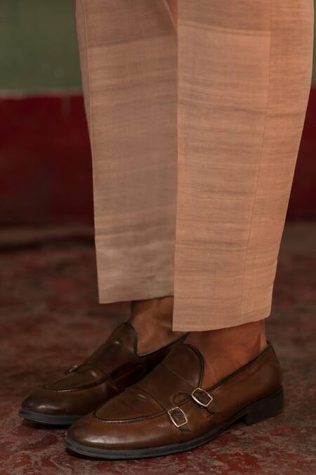 Buy_Artless_Beige Suede Plain Turnover Half Sleeve Kurta Set_Online_at_Aza_Fashions