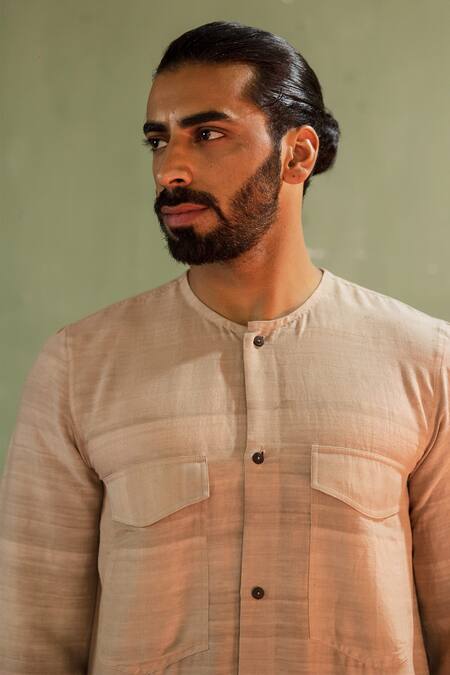 Shop_Artless_Beige Suede Plain Turnover Half Sleeve Kurta Set_Online_at_Aza_Fashions