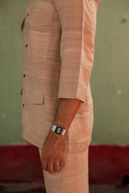 Artless_Beige Suede Plain Turnover Half Sleeve Kurta Set_at_Aza_Fashions