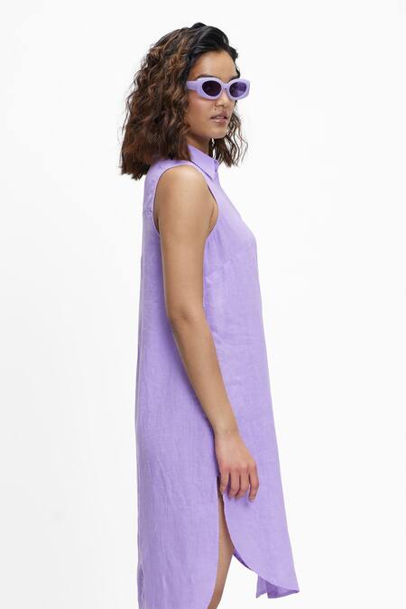 Terra Luna_Purple Linen Collared High Low Hem Shirt Dress_Online_at_Aza_Fashions